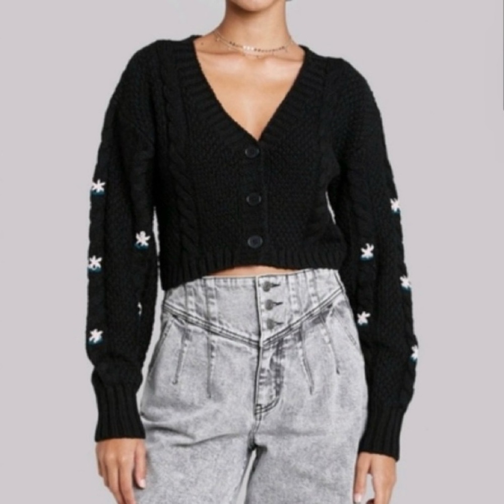 Black floral knit cardigan.